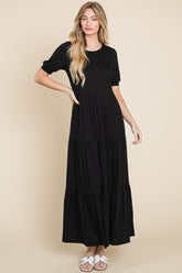 BOMBOM Women's Elegant Tiered Maxi Dress - Short Sleeve, Made in USA